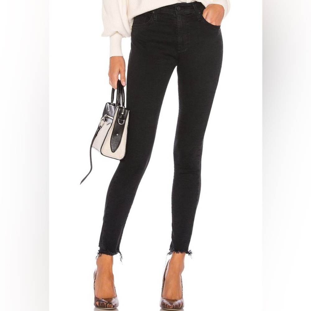 AG Adriano Goldschmied Black “The Farrah Skinny Ankle” High Rise Raw Hem Jeans